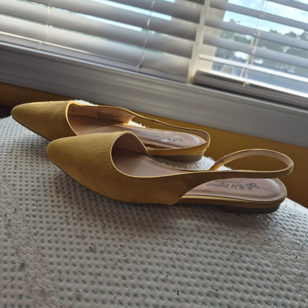 Self Esteem Akita Mustard Yellow Faux Suede Pointed Toe Slingback Flats Womens 6 - Picture 3 of 10